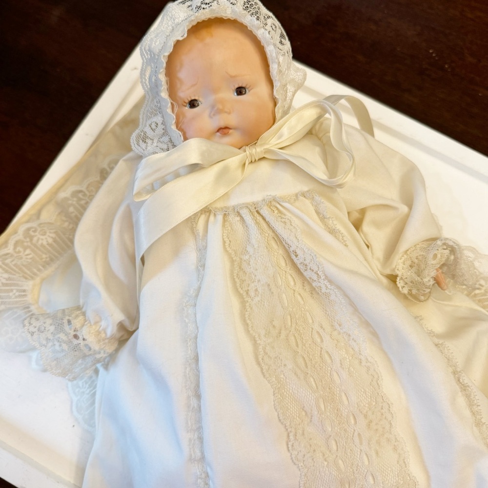 Marie Shay Beautiful Christening Porcelain Doll Full Gown 2 Pillows Vintage